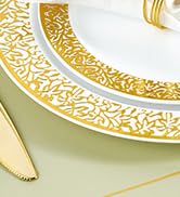 150 Count Gold Dinnerware Set, Elegant Plastic Plates Disposable Include: 25 Gold Lace Plastic Pl...