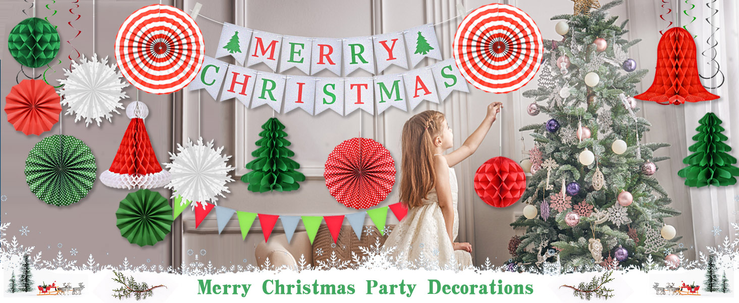 Christmas party decoration set featuring paper fans, trees, bells in red and green, with 'Merry Christmas' banner against grey wall.