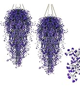 RAINFLOW 2PCS Artificial Hanging Plants Indoor - Vivid Fake Vines with Mini Purple Flowers, Fake ...
