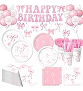 QIYANPAX 201 PCS Pink Bow Birthday Decorations - Includes Bow Plates, Napkins, Cups, Cutlery, Ban...