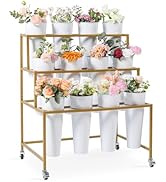 Ruifabo Flower Cart Display Stand, 3 Layers Metal Flower Bar Stand with 360° Swivel Wheels and Br...