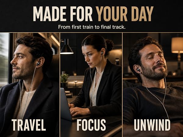 Split image showing earphones used for Travel, Focus, and Unwind