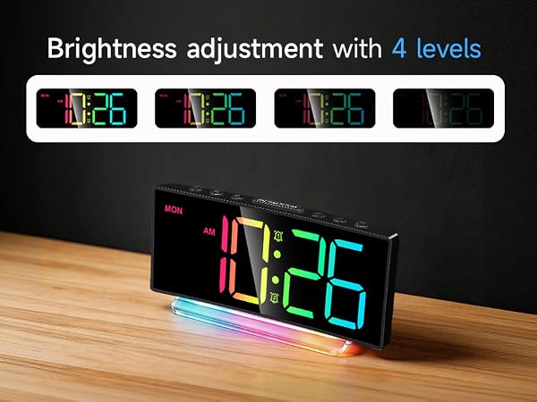 4 level brightness dimmer LED alarm clock adjustable display for bedroom bedside nightstand