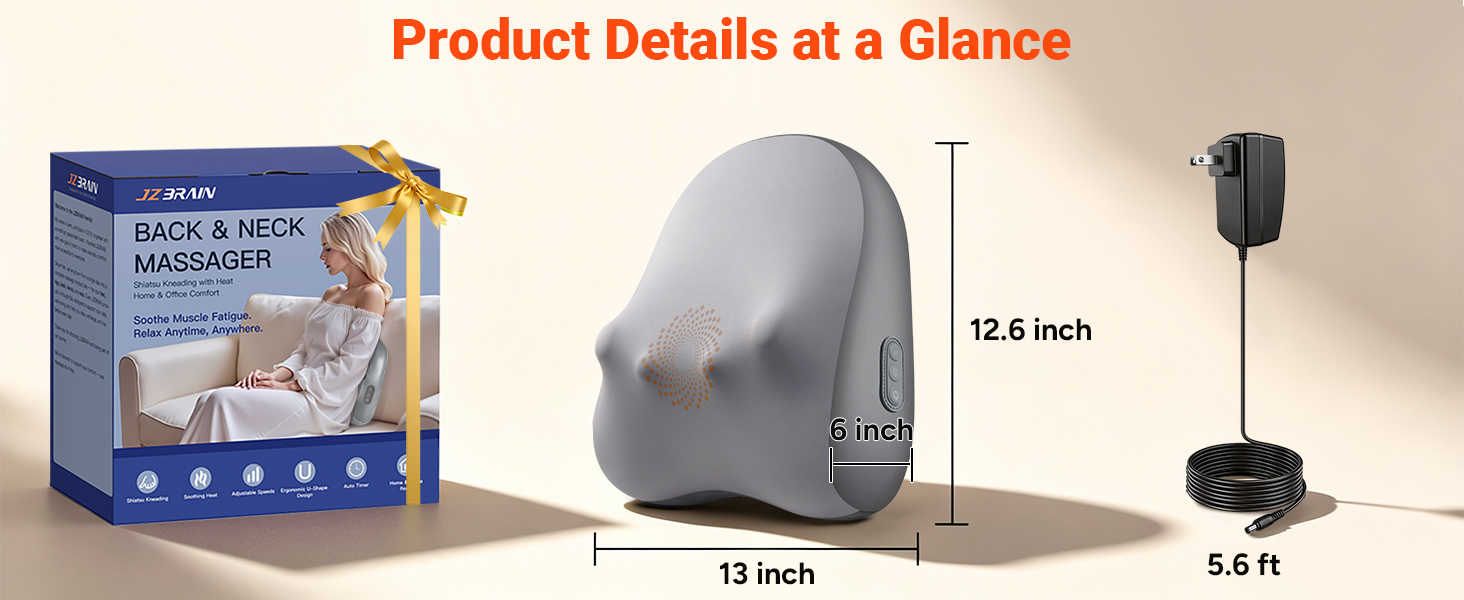 Compact back & neck massager with a 13" × 12.6" design and 5.6 ft power cord for easy home use.