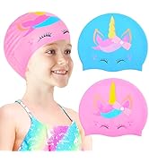 2 pcs Kids Swim Cap Silicone Swimming Cap for Boys Girls (Age 3-12) Cover Ears Waterproof Bathing...