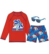 Boys Swim Set with Long Sleeve Rash Guard, Swim Shorts, Sunglasses (Red & Blue Palm Tree for Ages...