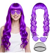 Purple Long Curly Hair Wig with Heart Sunglasses and Hair Cap for Women Men, PLULON Long Wavy Wig...