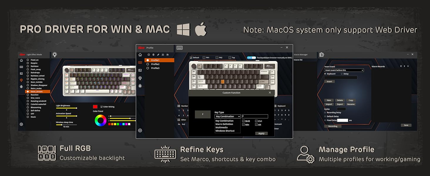 Software interface showing keyboard configuration tool with multiple panels displaying RGB settings and profile management options.