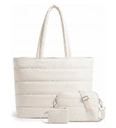 Aosbos Puffer Tote Bag for Women, 3-Piece Quilted Work Bag with Slim Crossbody & Clip-On Earbud P...