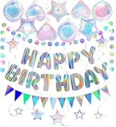Iridescent Birthday Decorations with Holographic Pre-Strung Happy Birthday Banner Swirl Streamers...