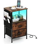 Giantex Night Stand with Charging Station, LED Sofa End Table w/2 Folding Fabric Drawers, 6 Side ...