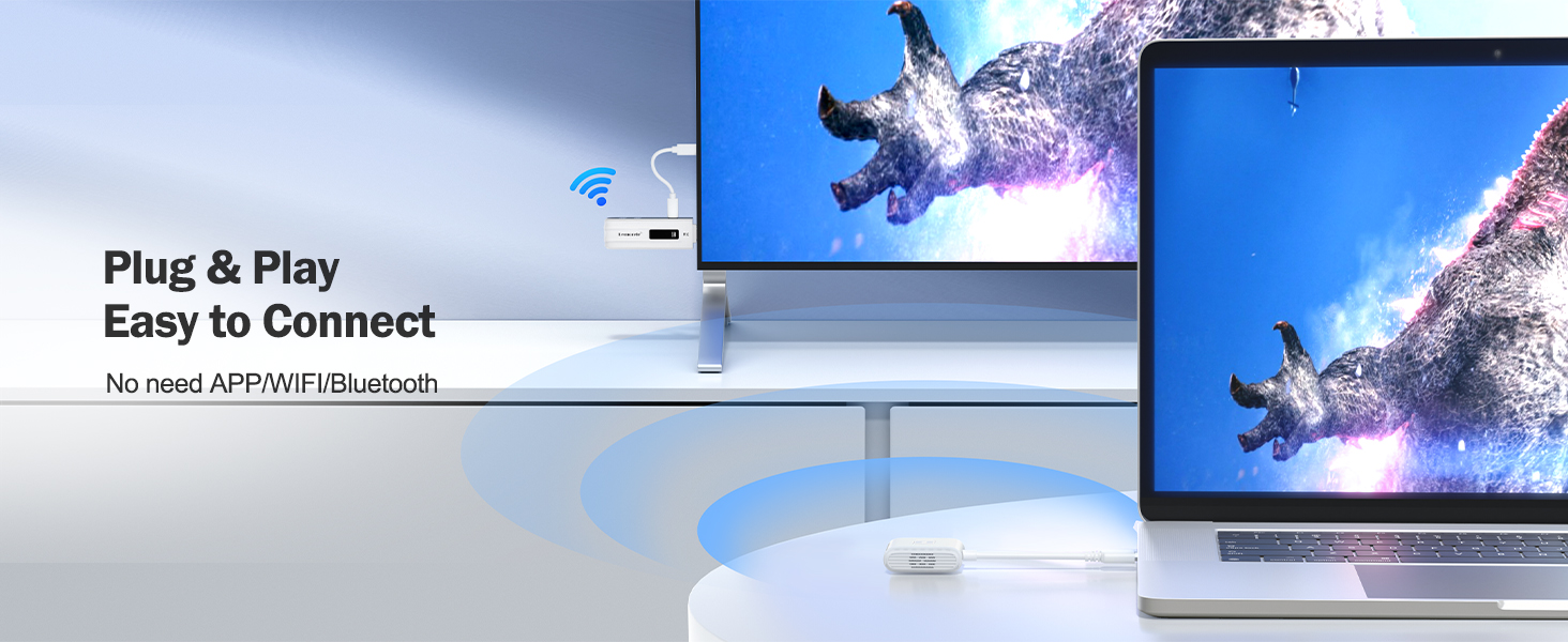 Product display showing plug and play connectivity feature across multiple screens with dynamic blue graphics demonstrating easy device connection capabilities.