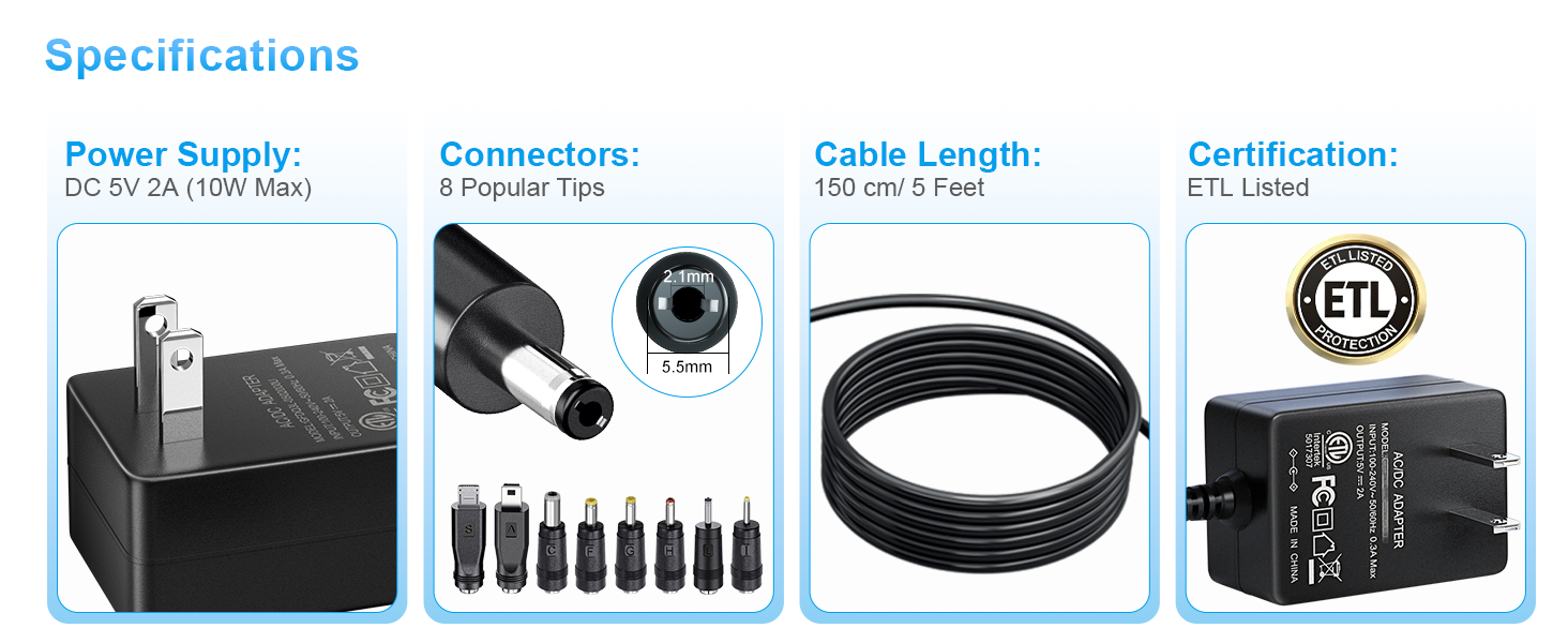 dc 5v power cord with 5 feet cable, 5 Volt 0.5A 1A 2A compatible