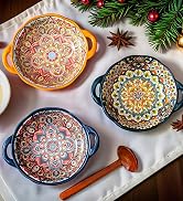 Domini 4pcs Floral Ceramic Soup Bowls with Double Handles 32OZ - Microwave Oven Dishwasher Safe,R...