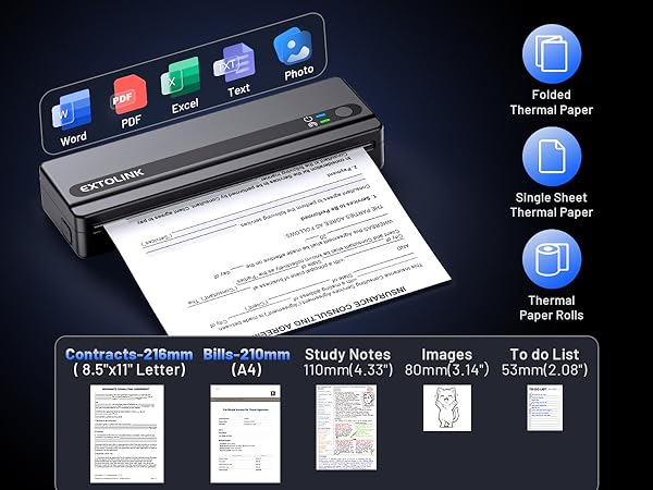 Text reads 'Thermal Paper, Contracts, Bills, Study Notes, Images, To do List' with interface showing document types and paper size options including '8.5x11 Letter, A4, 80mmx45.5H'