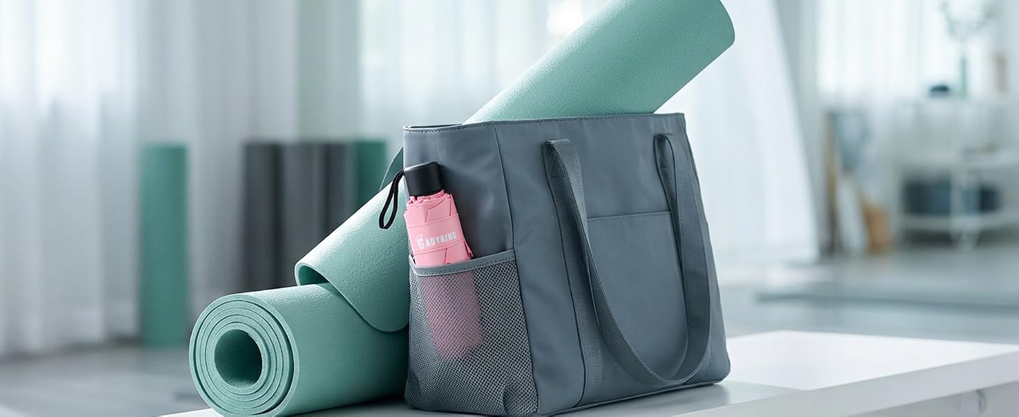 Yoga Mat Tote Bag, Gray, with Mesh Side Pocket, Fits Most Yoga Mats, Gym Carry Bag