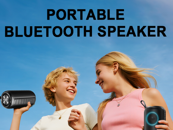 Text reads 'PORTABLE' and 'BLUETOOTH SPEAKER'. Marketing image showing blue-tinted outdoor scene with portable audio device.