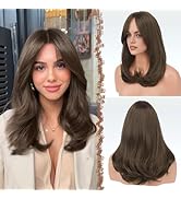 FESHFEN Medium Brown Wigs with Bangs, Synthetic Natural Looking Long Layered Straight Hair Wig fo...