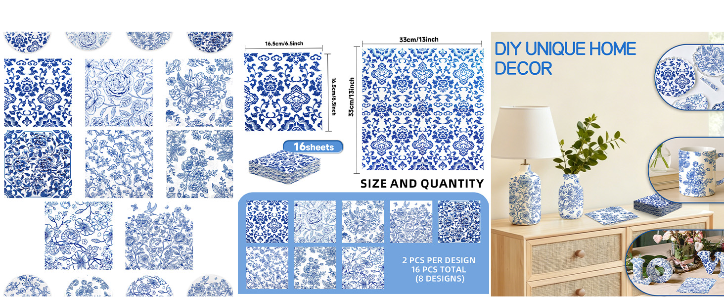Decoupage Napkins 8 Styles Blue Assorted Vintage Floral Paper Napkins Chinoiserie Luncheon Napkins