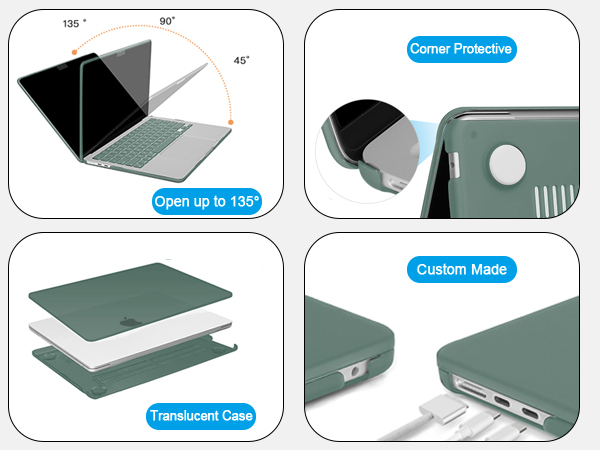 Laptop case features: opens up to 135 degrees, corner protection, translucent design, and custom-made fit. Sage green color with access to ports and white interior visible.