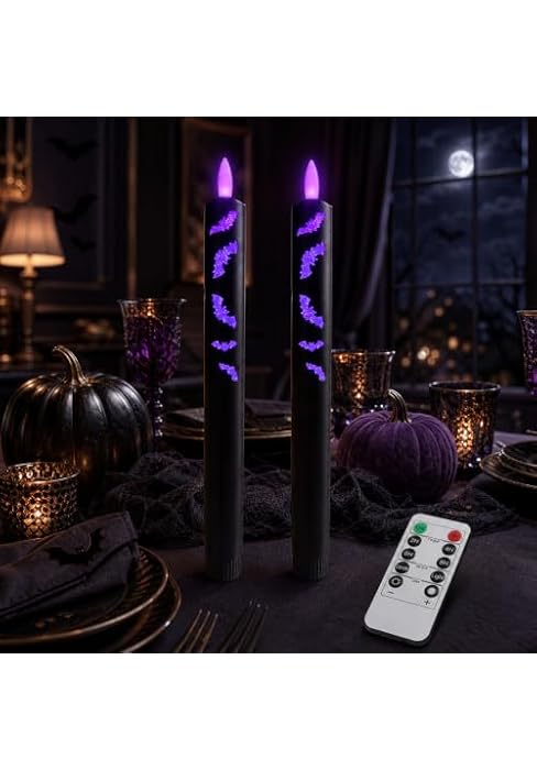 9.6" Halloween Flameless Taper Candles with Remote and Timer, Black, 2 Pack | Black Halloween fla...