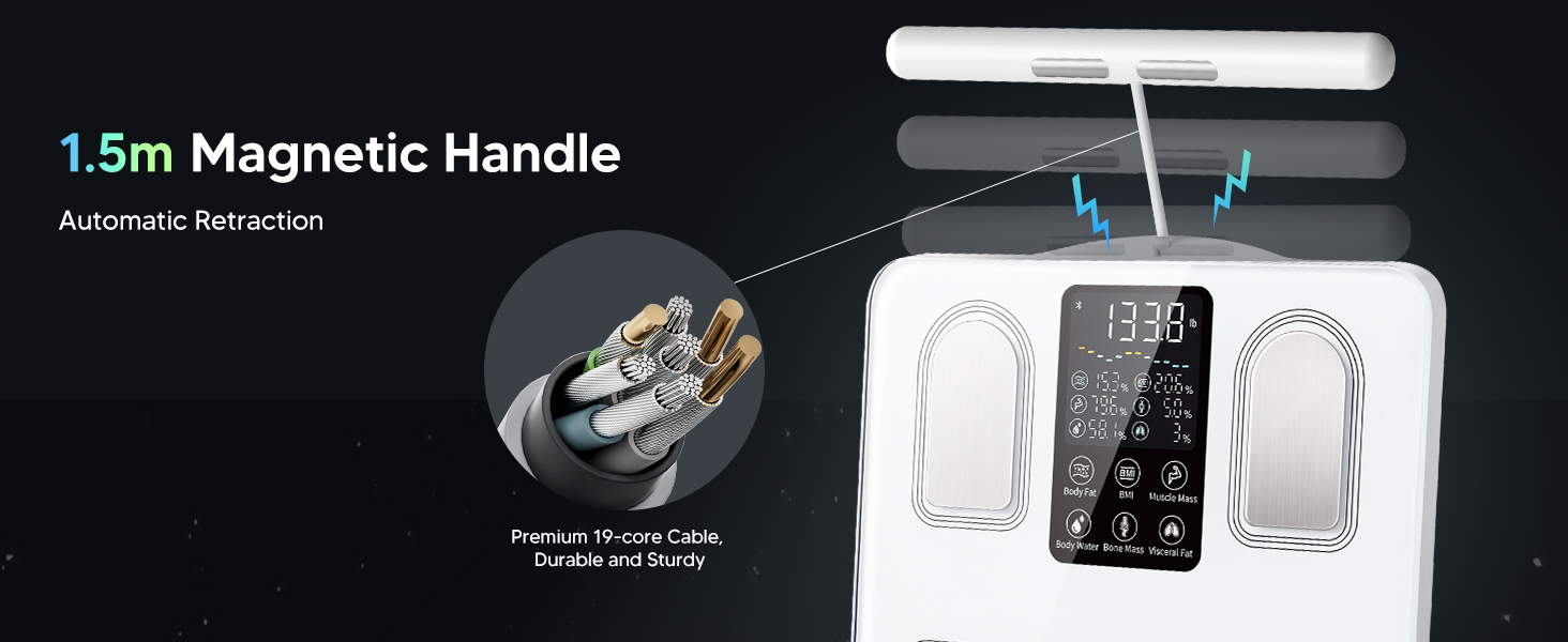 59in/1.5m magnetic retractable handle with durable 19-core cable for easy storage