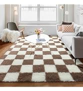 KICMOR Living Room Rug 5x8 Brown and Cream White, Large Fluffy Shag Fuzzy Checkered Area Rugs Sha...