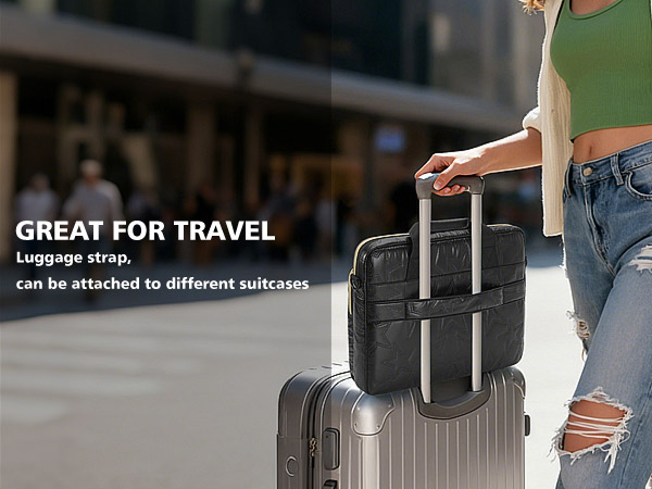 Text reads 'GREAT FOR TRAVEL' and 'Luggage straps can be attached to different suitcases'. Shows luggage attachment system on rolling suitcases.