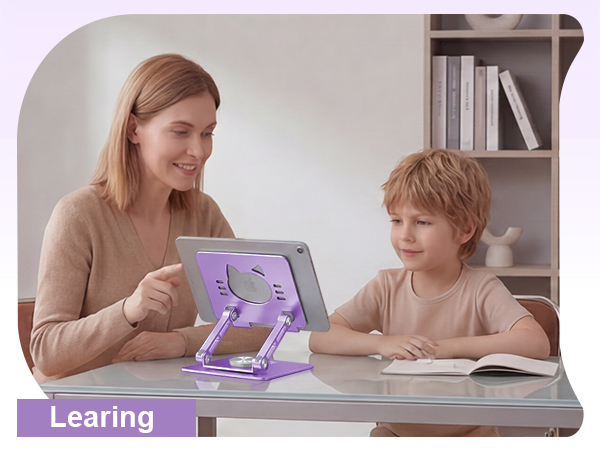 Parent and child using adjustable tablet stand for learning, studying homework, video lessons
