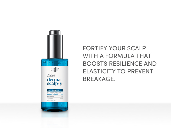 DermaScalp 3-in-1 Serum bottle next to text about boosting elasticity to prevent breakage.