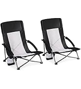 DUMOS Low Camping Beach Chairs 2 Pack, Folding Portable Beach Chair with Cup Holder, Storage Pock...