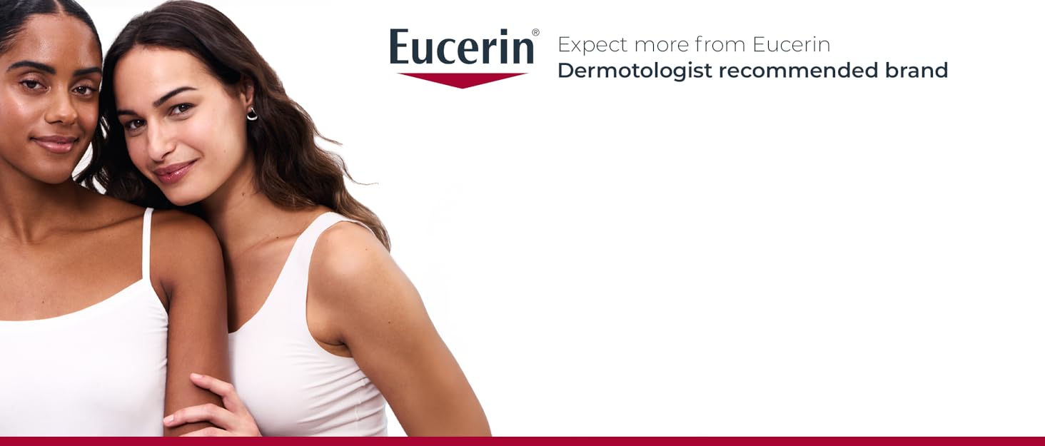 two happy young women in white tank tops expect more from eucerin a dermotologist recommended brand