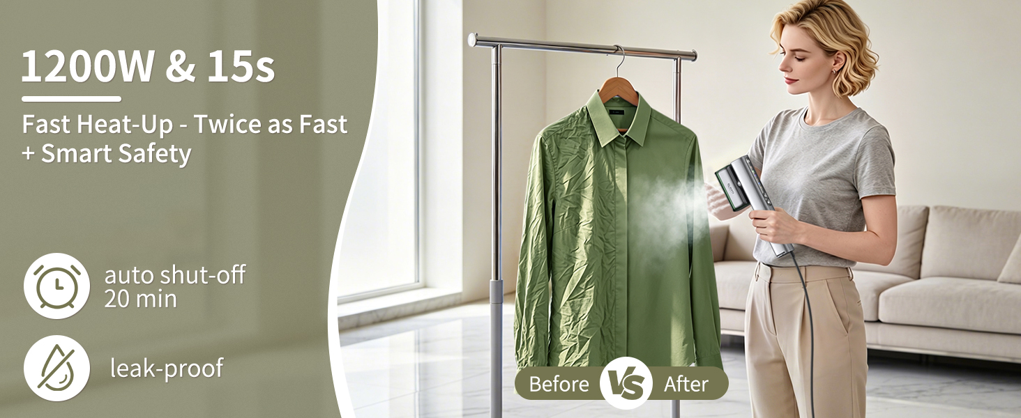 portable steamer for clothes travel, heats up in 15s, leak-proof, auto shut-off after 20 minutes