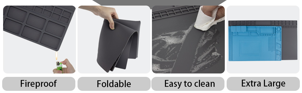 Multi-feature mat product showcasing four key features: fireproof material, foldable design, easy-clean surface, and extra-large size.