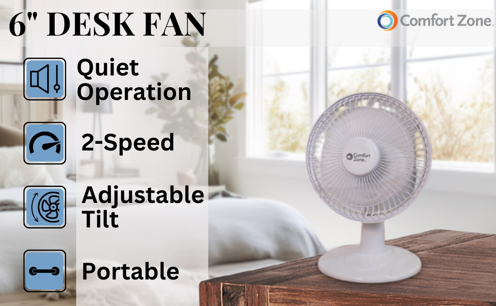 comfort zone portable 6 inch table desk fan white 2-speed