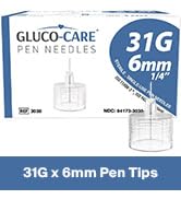 GLUCO-CARE Pen Tips 31G x 6mm, Universal Fit, 100/bx, Sterile, Comfort