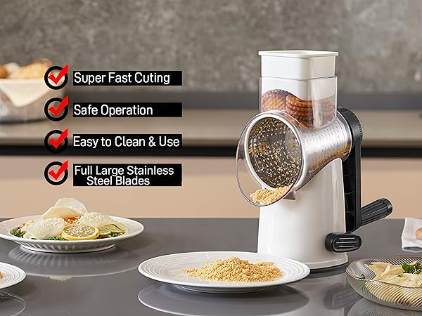 Rotary Cheese Grater Hand Crank with 4 Interchangeable Stainless Steel Blades