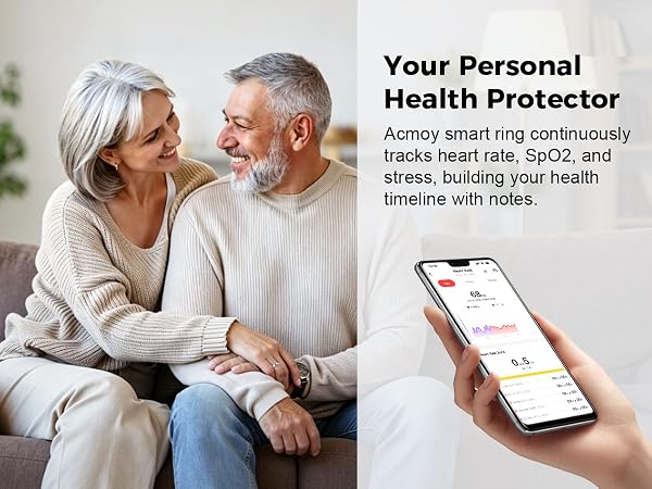 Smart ring tracks heart rate, SpO2, stress levels and daily wellness data for lifestyle insights.