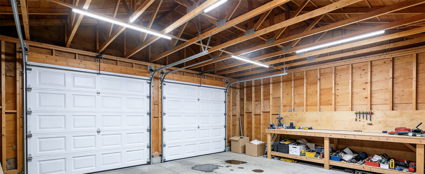 Garage interior with white overhead doors, wooden framed walls, exposed ceiling beams, and storage shelving unit with tools and supplies.
