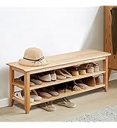 ZMYCZ 3-Tier Storage Bench 47.2" Sturdy Shoe Storage Rack with Seat Rubberwood Shoe Storage Organ...