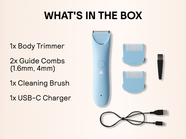 1 body trimmer,2 guide combs,1 cleaning brush,1 USB-C charger