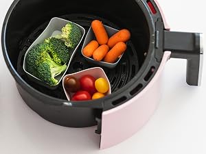 Rectangle and square baking cups in an air fryer with vegetables