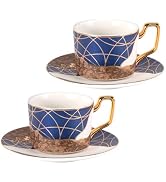 KAMMAK Tea Cups and Saucers Set of 2, Porcelain Coffee Cups, Stackable Espresso Mugs, Ceramic Dem...