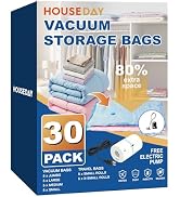 HOUSE DAY 30 Pack Vacuum Storage Bags with Electric Pump, 4 Sizes + 2 Roll-Up (5 Each), Space Sav...