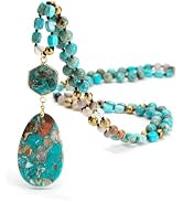 Mixcbe Boho Turquoise Agate Necklaces for Women,35/36.8 Inch Natural Stone Beaded Long Pendant Ne...