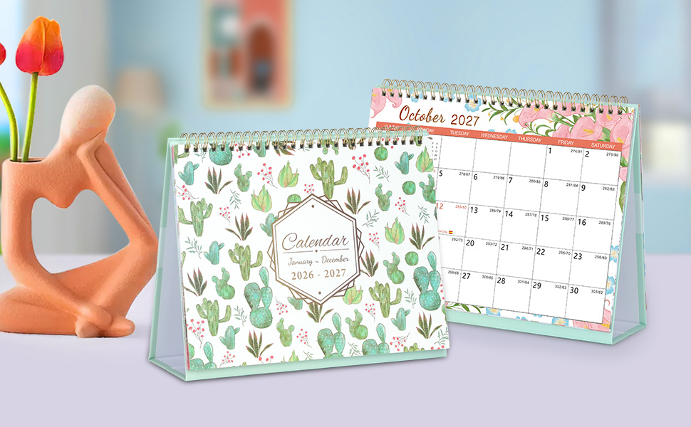 Series of desk calendar designs featuring cactus patterns and illustrations in green and white color scheme, displayed in different angles showing monthly layouts.