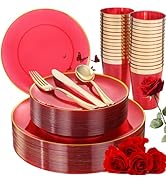 LIYH 180 Pcs Clear Red Plastic Plates Disposable - Red Dinnerware Set, Include Red and Gold Plate...