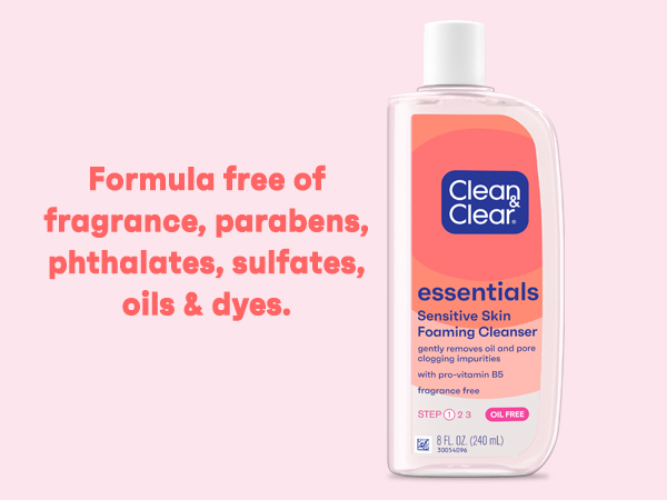 Clean & Clear Essentials Foaming Cleanser on pink background, formula free of fragrance, oils & dyes