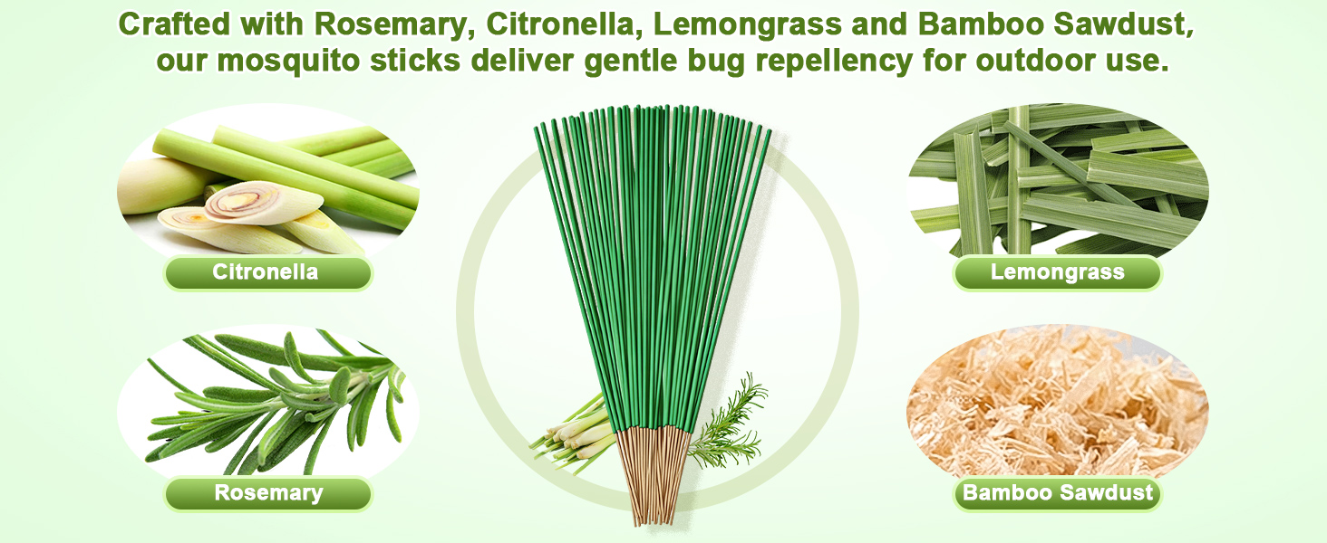 Our mosquito sticks are crafted with Rosemary, Citronella, Lemongrass and Bamboo Sawdust.