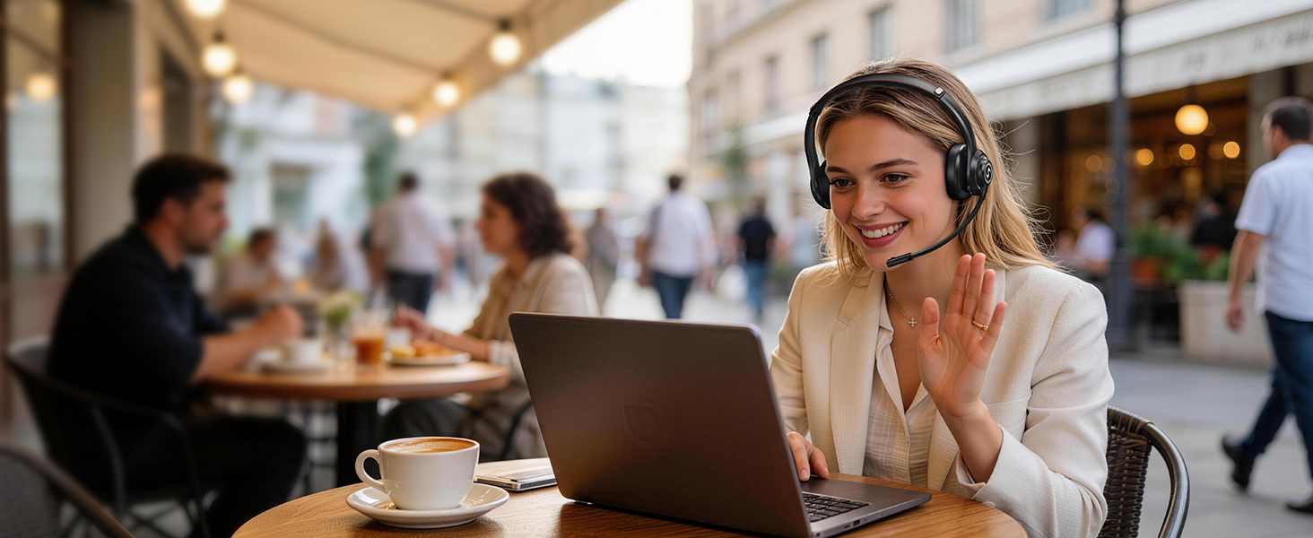 Professional woman wearing headphones, seated at table with laptop and coffee cup in busy café or office environment. Engaged in work or communication, demonstrating productivity in contemporary workspace setting.